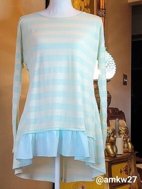 NWT A'reve Light Aqua Blue & Ivory White Striped Long Sleeve T-shirt Ruffle Hem